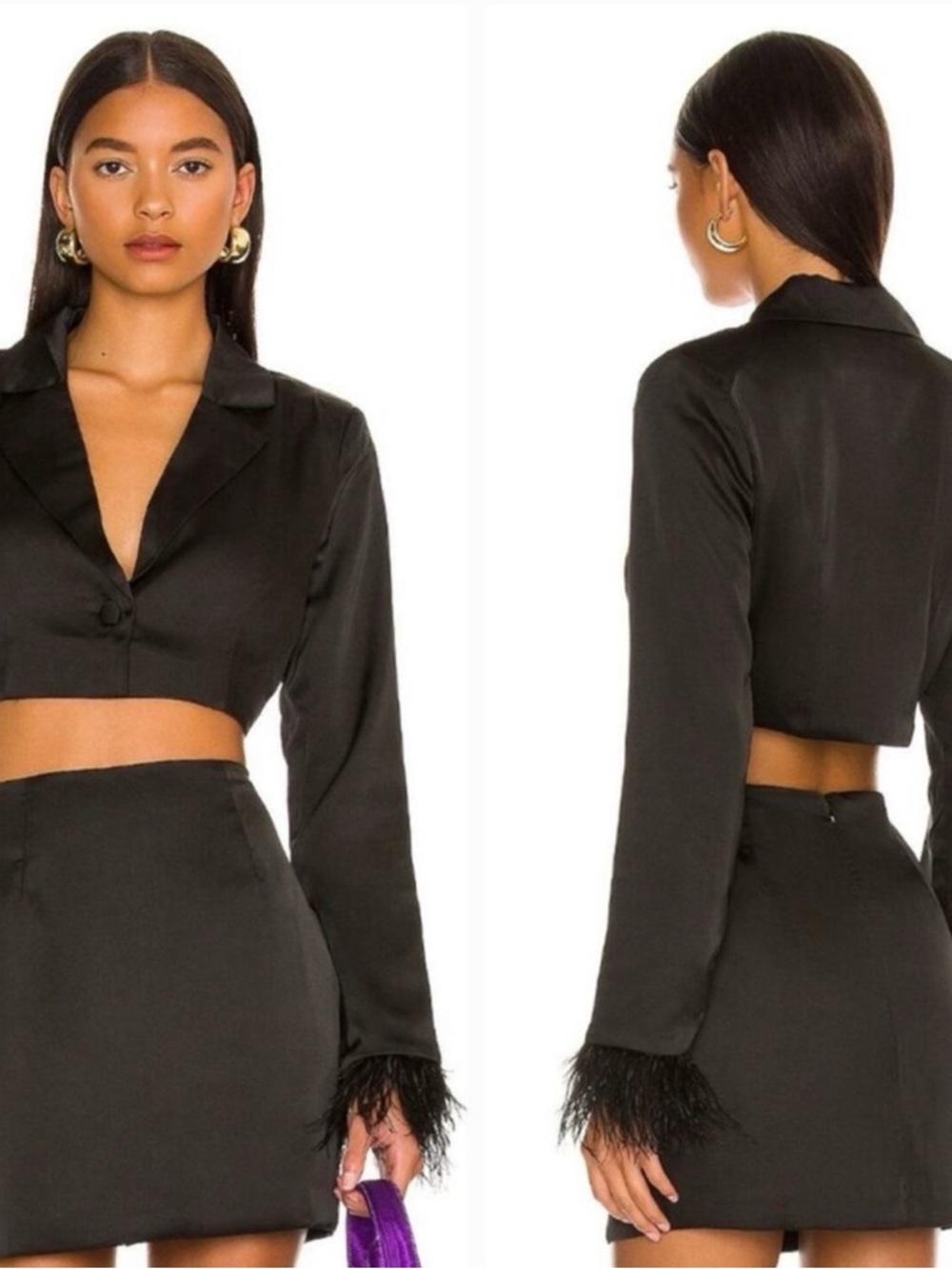 Black Satin Cropped Blazer with Feather Cuffs